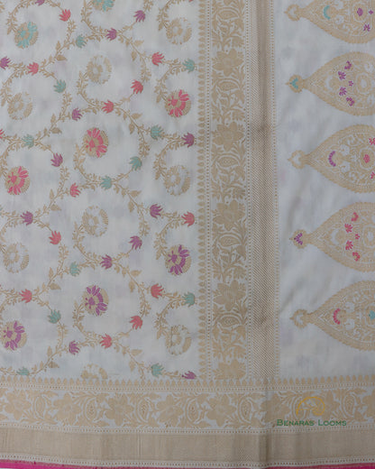 Cream Handwoven Pure Kataan Kadhua Jangla Benarasi Saree