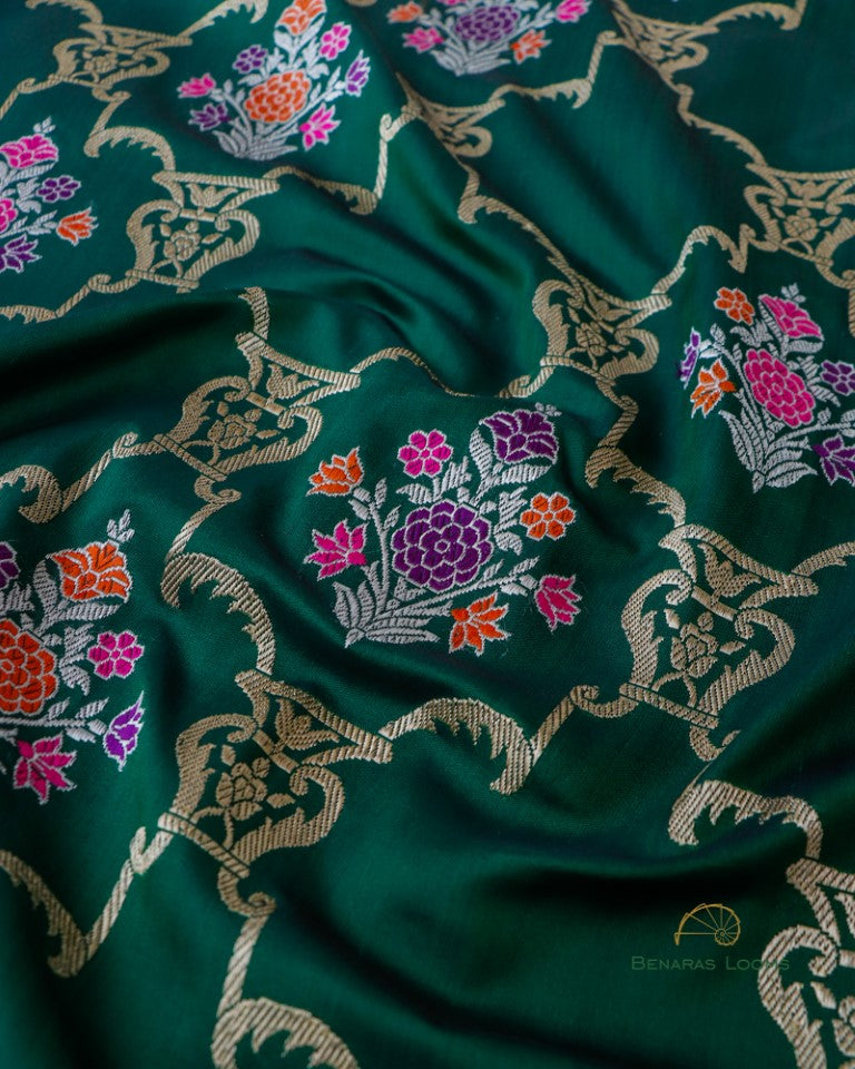 Green Handwoven Pure Kataan Silk Kadhua Jangla Banarasi Saree