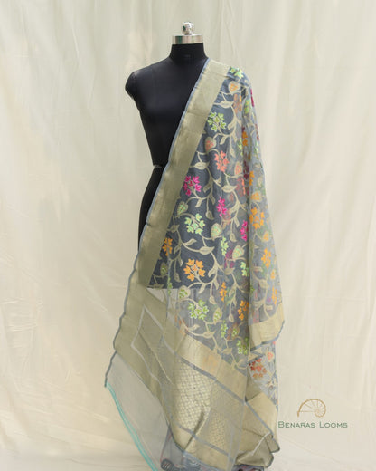 Grey Hanwoven Organza Net Banarasi Dupatta
