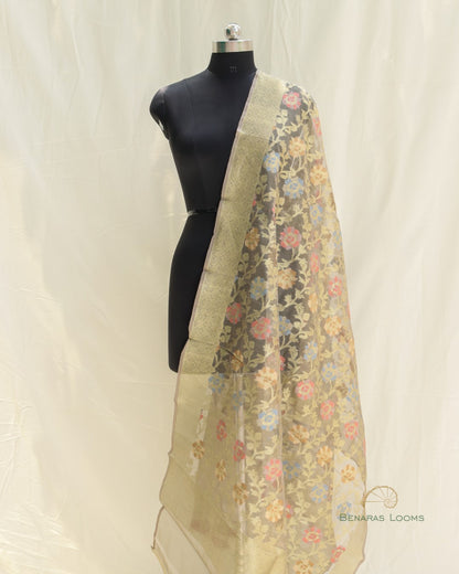 Dull Gold Organza Net Banarasi Handwoven Dupatta
