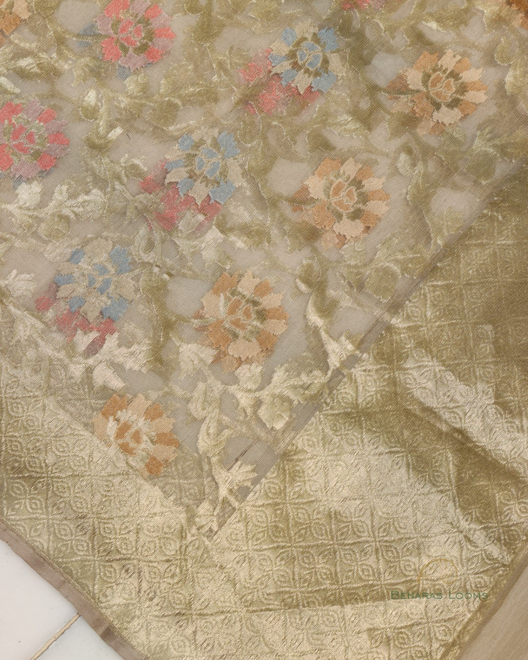 Dull Gold Organza Net Banarasi Handwoven Dupatta