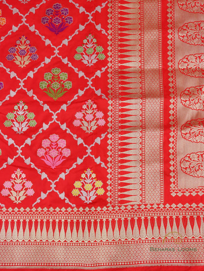 Red Handwoven Pure Kataan Silk Kadhua Jangla Banarasi Saree