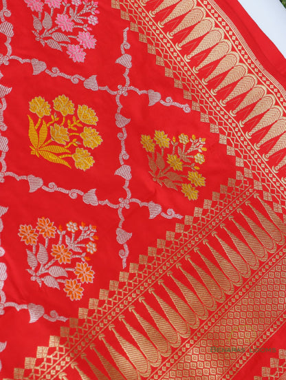 Red Handwoven Pure Kataan Silk Kadhua Jangla Banarasi Saree