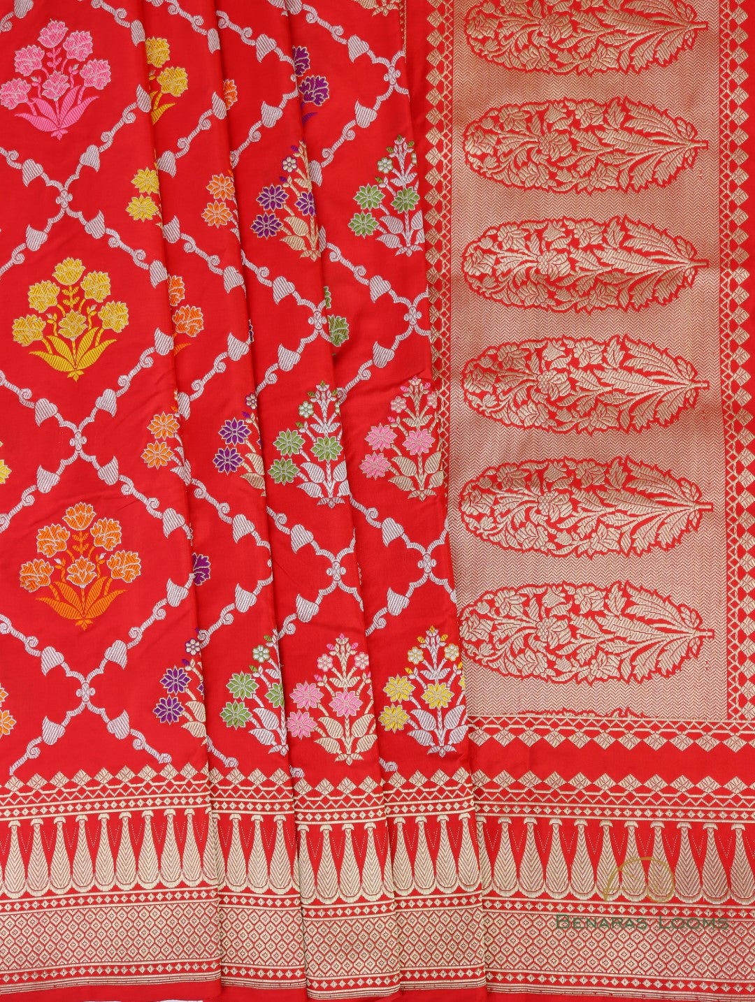 Red Handwoven Pure Kataan Silk Kadhua Jangla Banarasi Saree