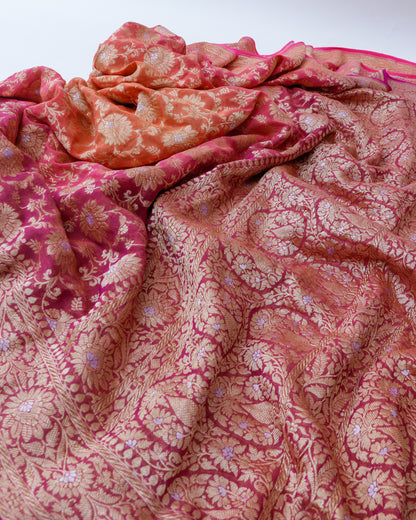 Handwoven Pure Georgette Silk Ombre Dyed Cutwork Banarasi saree.