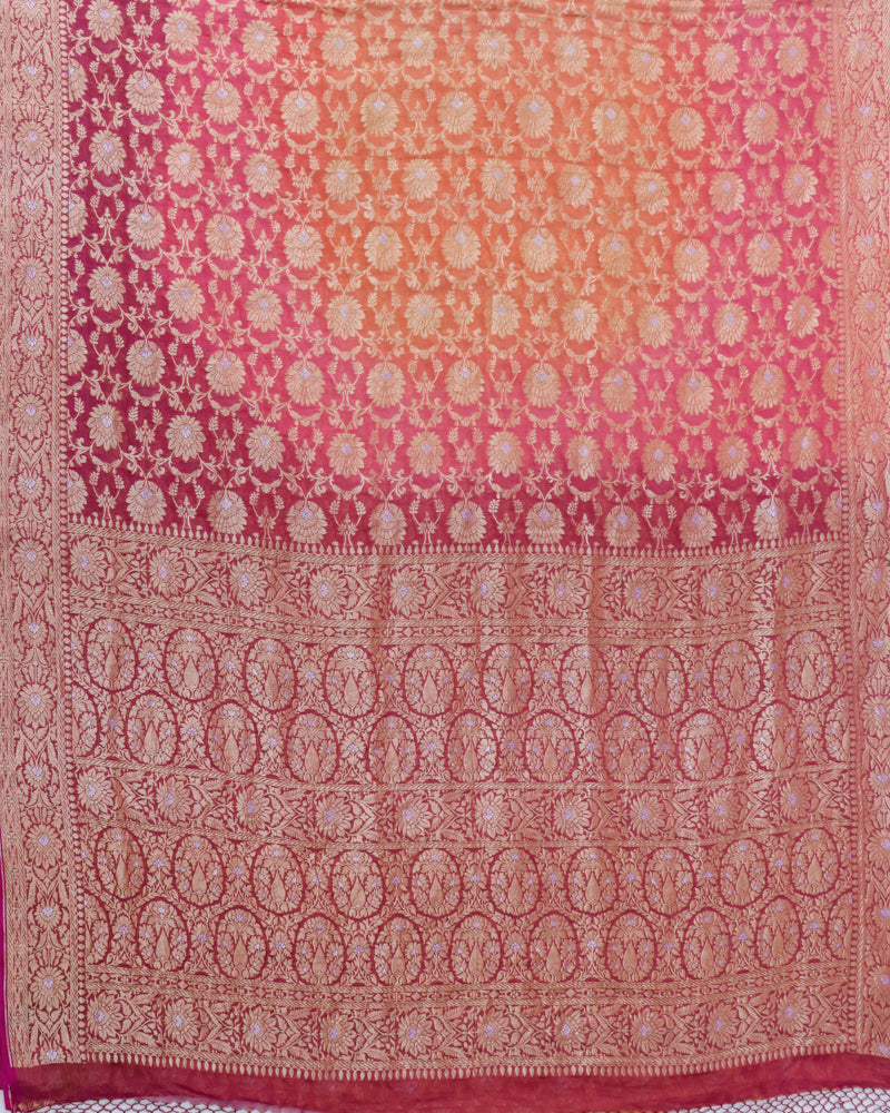Handwoven Pure Georgette Silk Ombre Dyed Cutwork Banarasi saree.