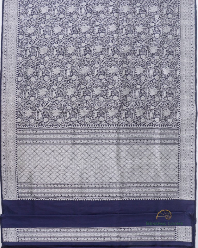 Navy Blue Handwoven Pure Silk Shikargah Banarasi Saree