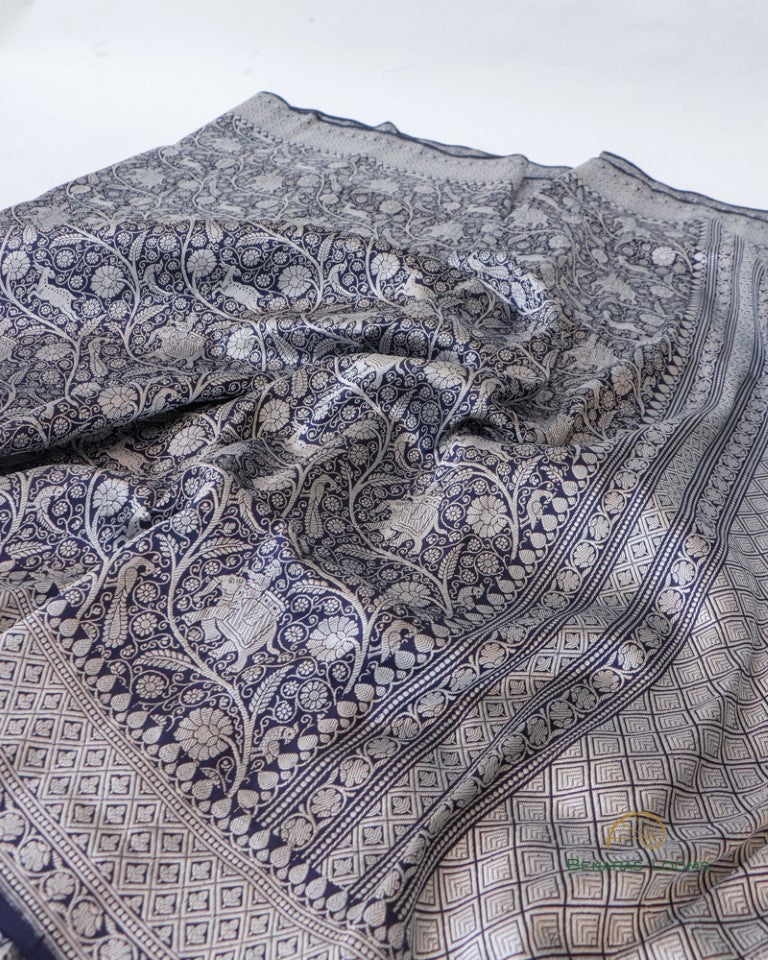 Navy Blue Handwoven Pure Silk Shikargah Banarasi Saree