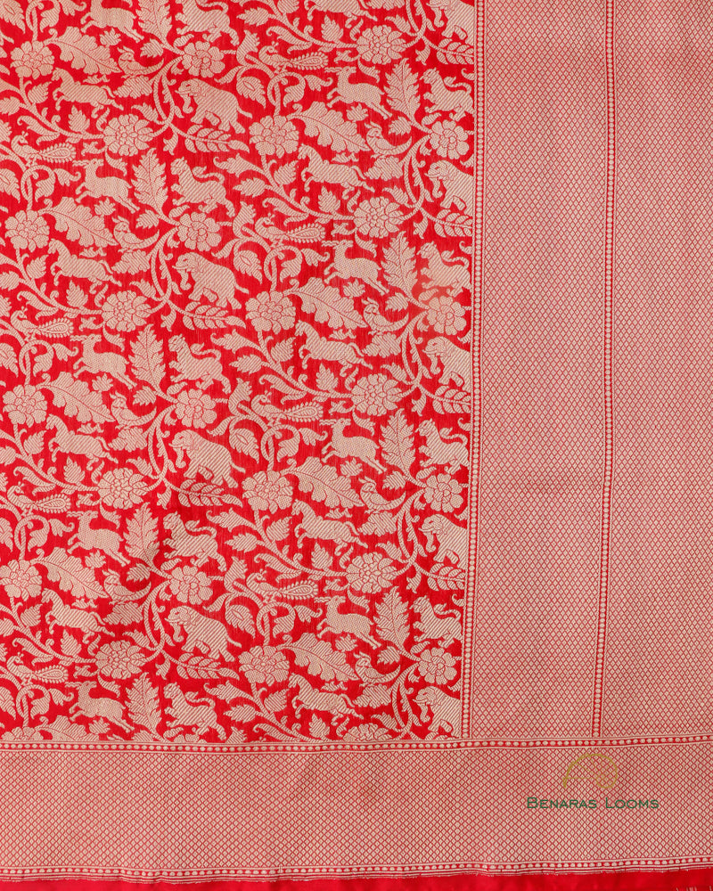 Red Handwoven Pure kataan Silk Shikaargah Brocade Jaal Benarasi Saree.