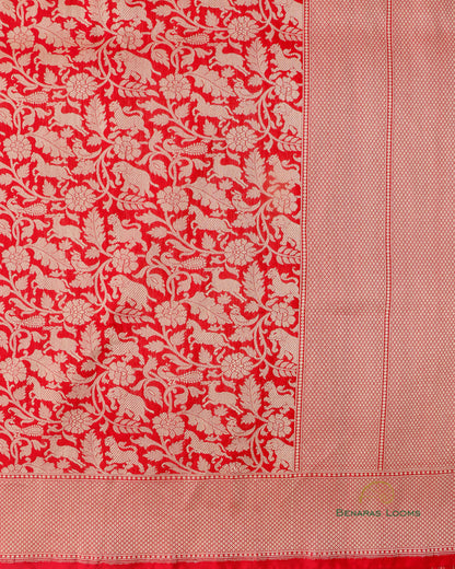 Red Handwoven Pure kataan Silk Shikaargah Brocade Jaal Benarasi Saree.
