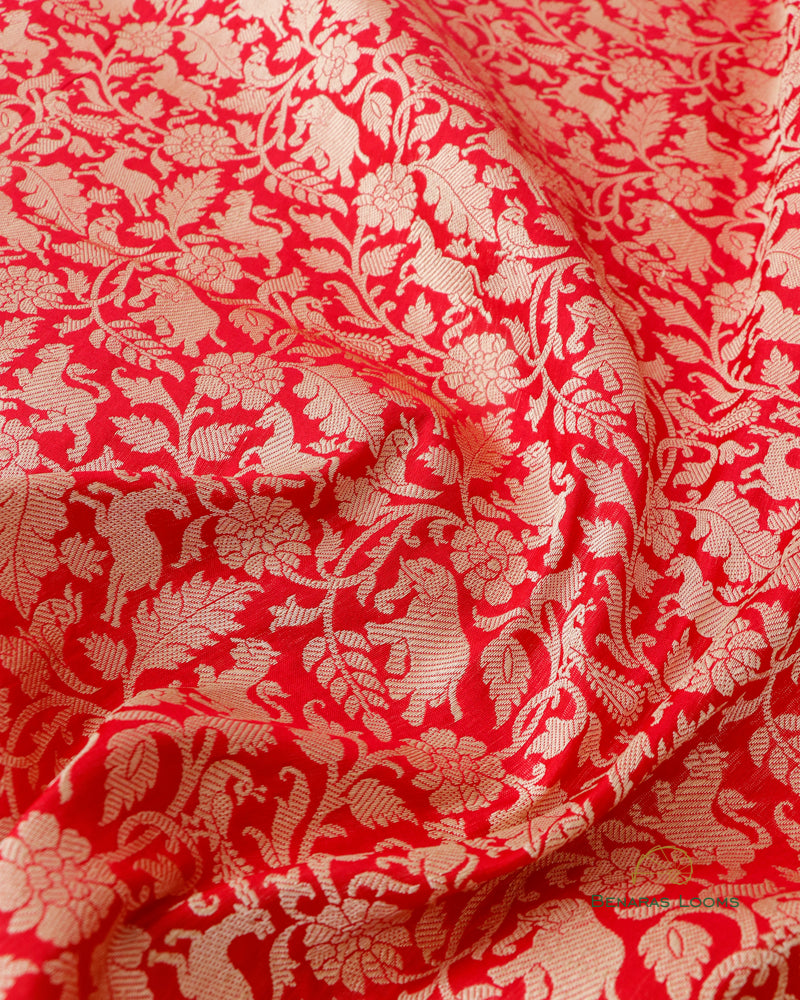 Red Handwoven Pure kataan Silk Shikaargah Brocade Jaal Benarasi Saree.