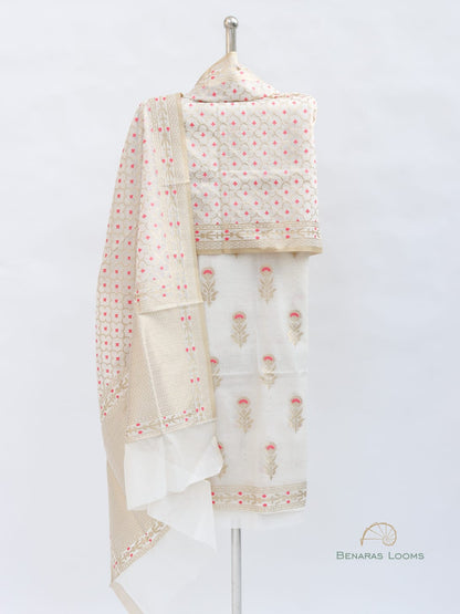 Dyeable Handwoven Pure Kora Cotton Meenakari Banarasi Suit Fabric