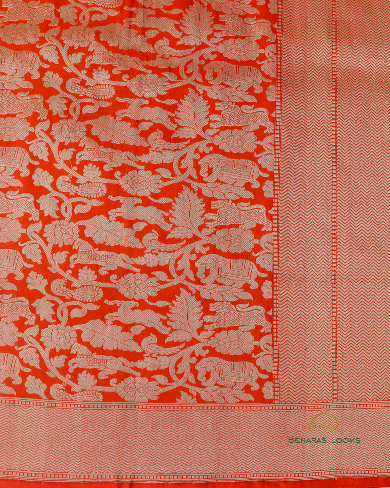 Orange Handwoven Pure Kataan Silk Brocade Shikargah Jaal Benarasi Saree