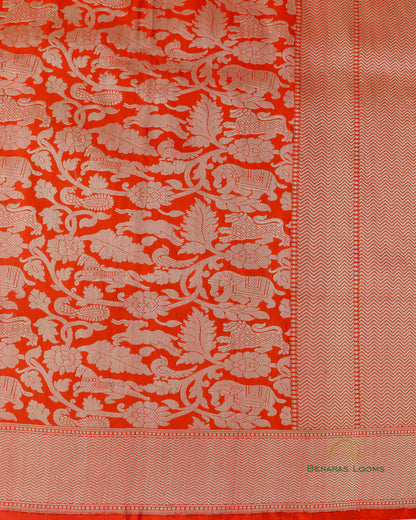 Orange Handwoven Pure Kataan Silk Brocade Shikargah Jaal Benarasi Saree