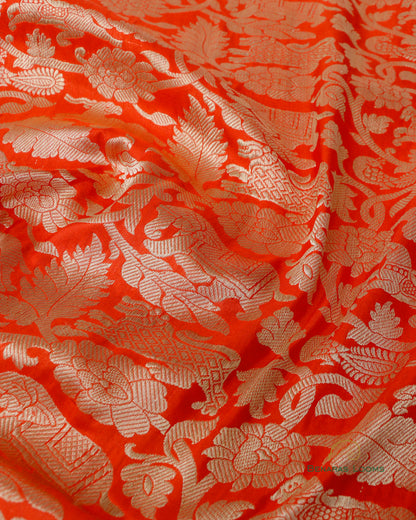 Orange Handwoven Pure Kataan Silk Brocade Shikargah Jaal Benarasi Saree