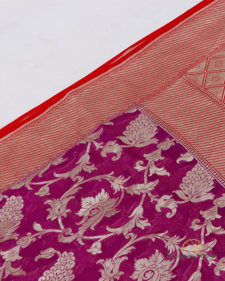 Purple Handwoven Pure Georgette Floral Benarasi Saree