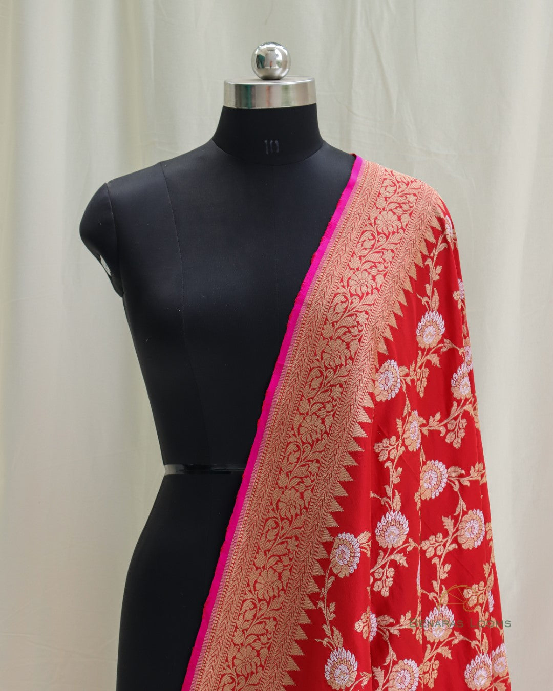 Red Handwoven Kadhua Jangla Alfi Banarasi Dupatta
