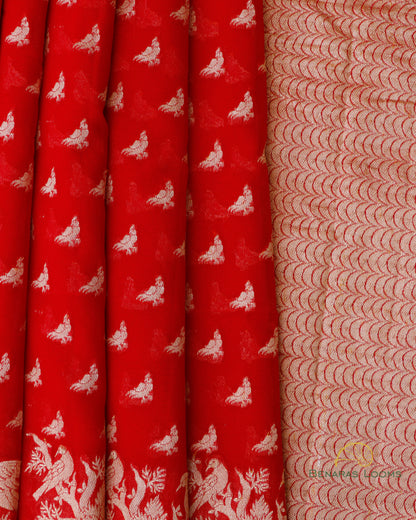 Red Handwoven Pure Georgette Shikargah Banarasi Saree